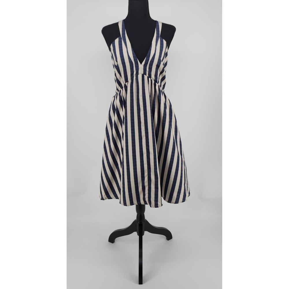 eShakti Navy Beige Striped V-Neck Midi Dress Smocked Back Pockets Sz M-8